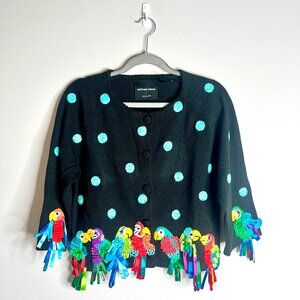 Michael Simon Vtg Beaded Parrot Novelty Button-Front Cardigan Sweater Sz M